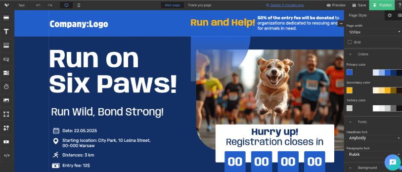 Landingi landing page editor displaying a charity event page template with drag-and-drop content blocks, countdown timer, and design customization settings.