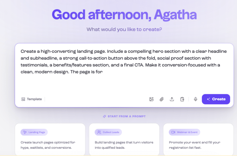 Leadpages AI landing page generator prompt interface for quickly creating campaign-focused landing pages.