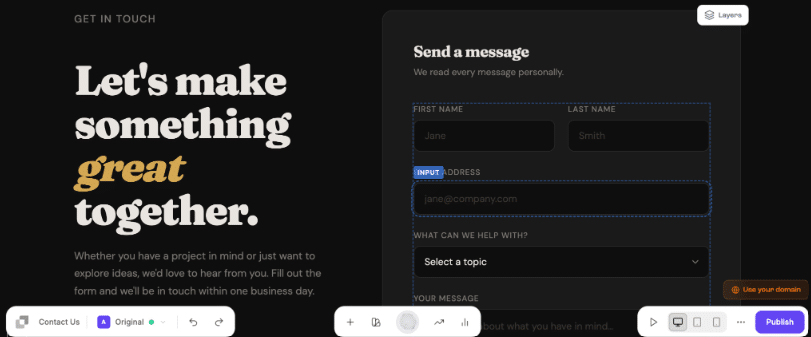 Leadpages drag-and-drop landing page editor with customizable contact forms and responsive page previews.