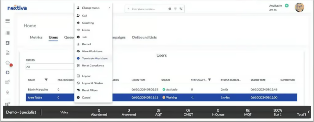 Nextiva Contact Center dashboard showing omnichannel customer interactions, call routing, and agent performance tools.