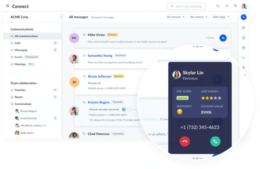 Nextiva workspace showing customer conversation history, call activity, and communication tools.