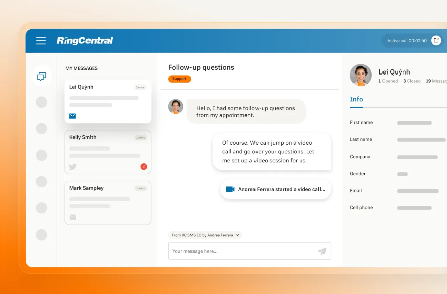 RingCentral Contact Center interface showing agent performance tools, live interaction insights, and supervisor coaching options.