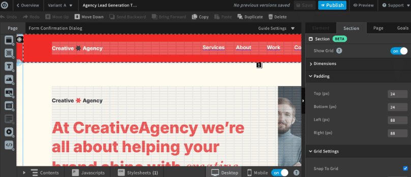 Unbounce drag-and-drop landing page editor with customizable sections and page layout controls.