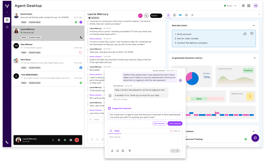 Vonage Agent Desktop showing call routing, analytics dashboards, and CRM-connected customer interaction data.