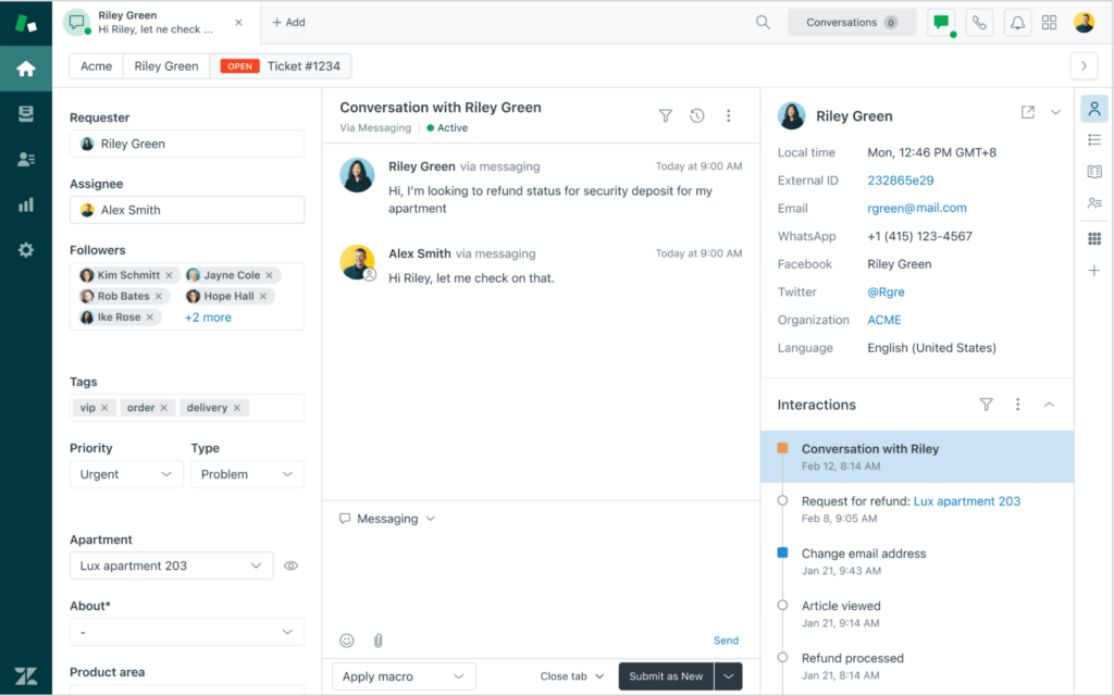 Zendesk workspace showing customer conversation history, call details, and support ticket information in one dashboard.