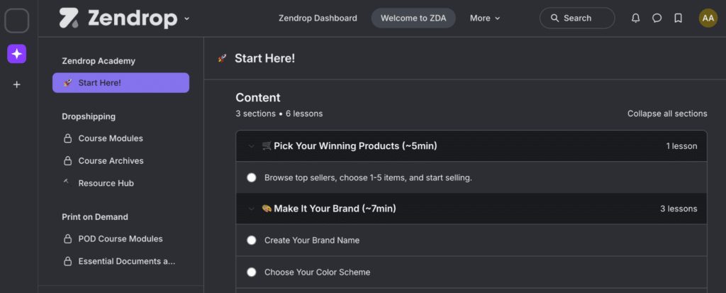 Zendrop Academy dashboard showing beginner ecommerce training modules, branding lessons, and dropshipping course resources.